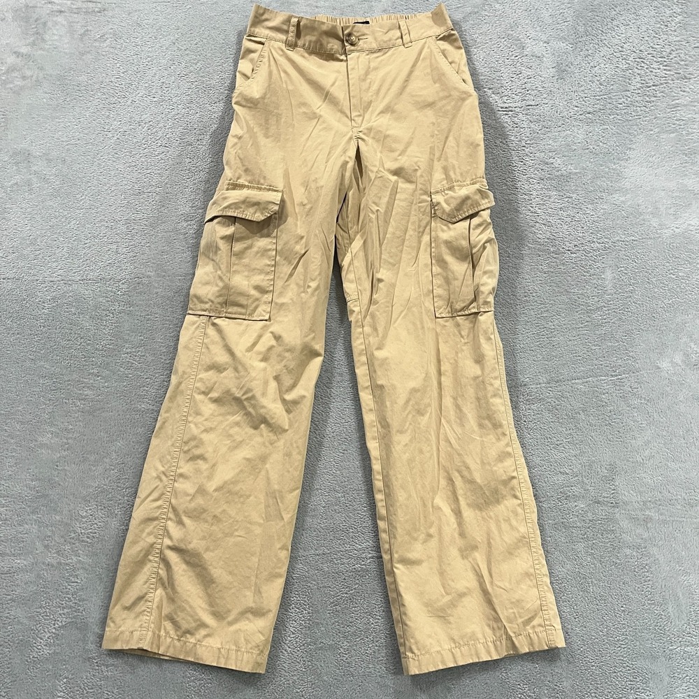 Forever 21 Women's Wide Leg Cargo Pants Tan Slim Fit Zip Front Small Y2K Hi Rise